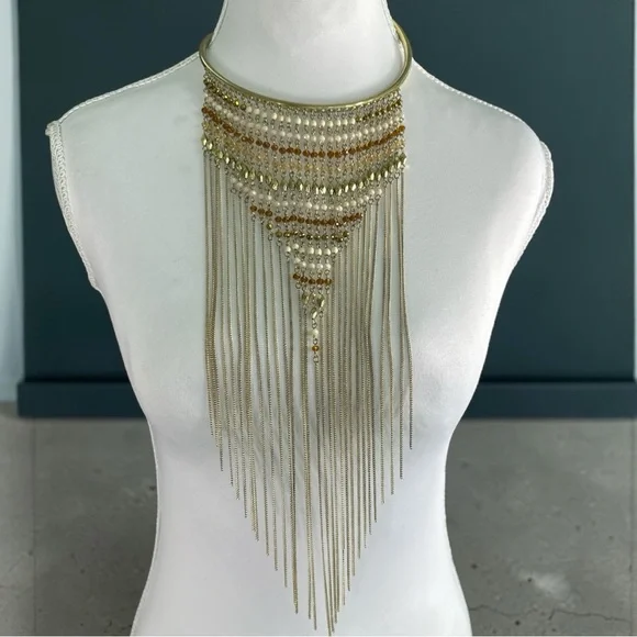 Gold Tone Boho Fringe Statement Necklace Bib Collar Festival Cleopatra Style - Picture 1 of 4